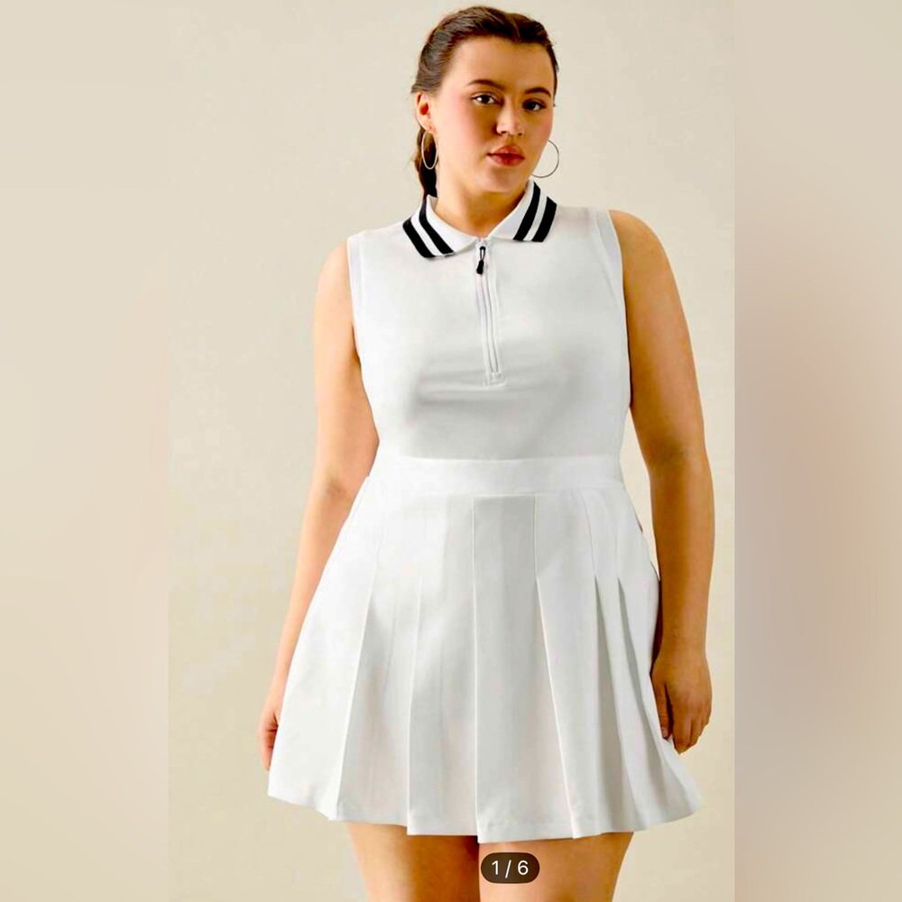 White Sleeveless tennis Dress with Black Collar and pleats